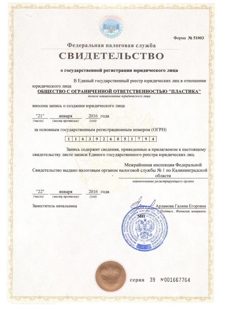 Свидетельство о государственной регистрации юридического лица