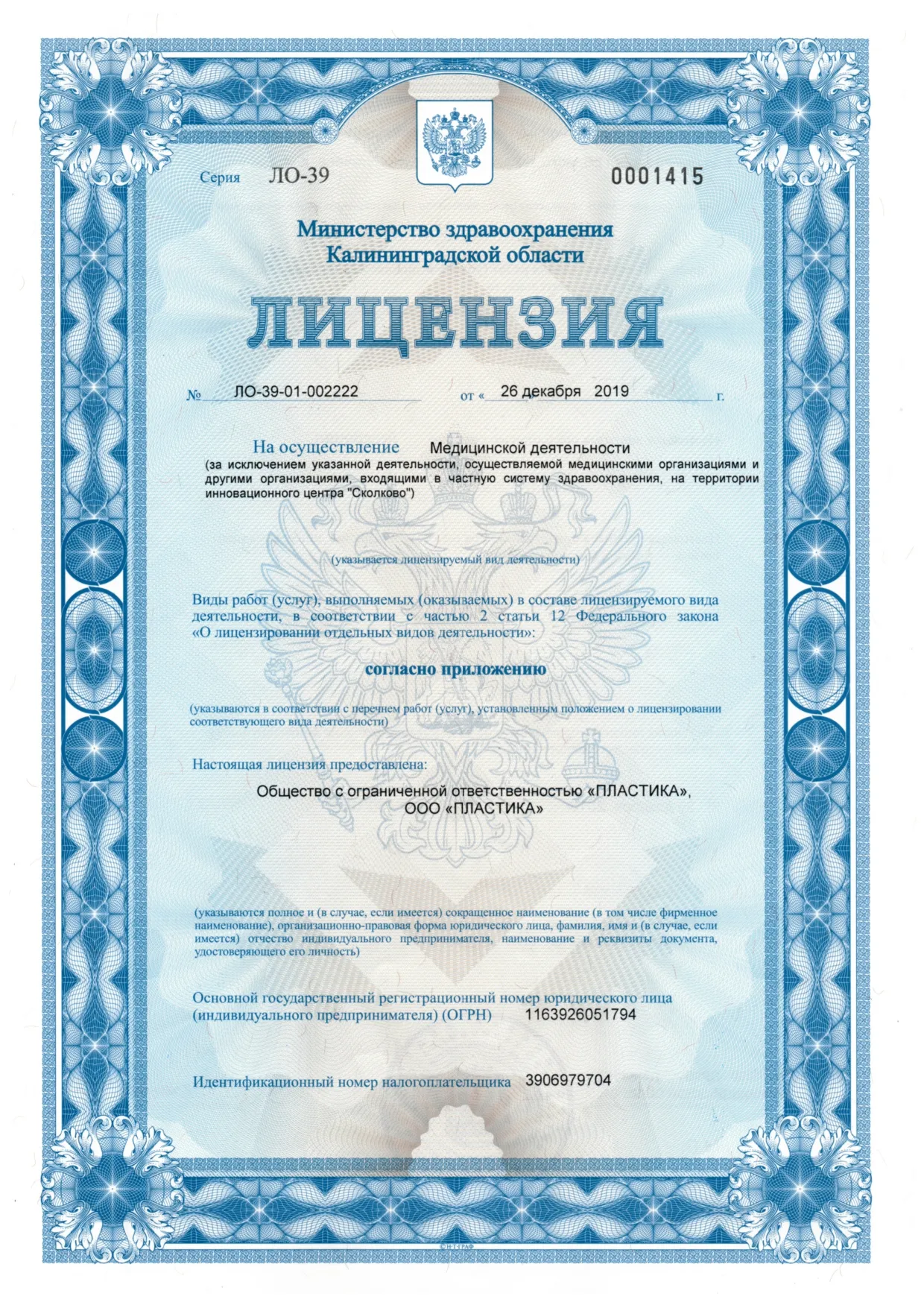 Лицензия на осуществление медицинской деятельности Л0-39-01-002222
